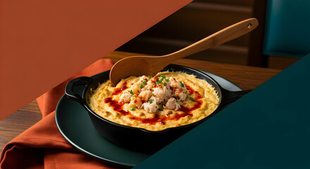 Elegant Crab Grits Served in a Black Skillet with a Wooden Spoon