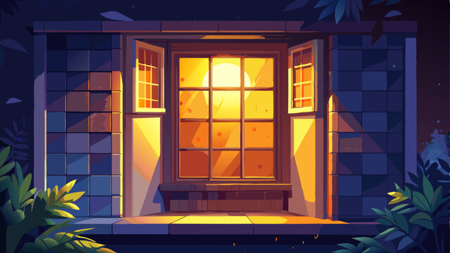 Glowing Window: An inviting square window emits a warm, inviting light, contrasting against the dark exterior, hinting at the cozy ambiance within.
