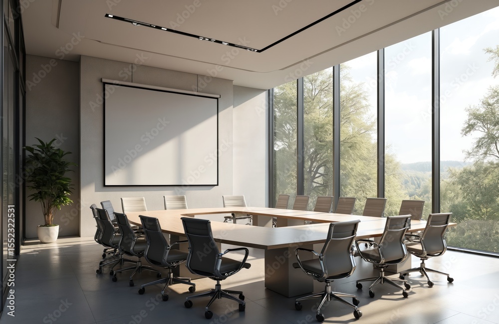 Poster modern conference room with large windows and u-shaped table. empty screen for presentation. chairs,
