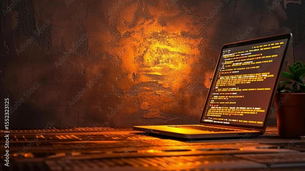 Poster cozy technology laptop coding on wooden table with warm light creating inviting programming atmosphe