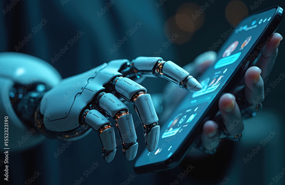 Poster Robot hand interacts with smartphone screen. AI chatbot app interface concept. Artificial intelligence digital transformation. Chatbot technology, customer support service using mobile app. Robotic