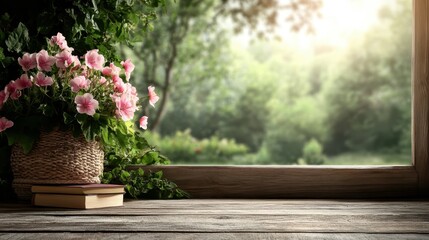 A peaceful indoor scene featuring a beautifully arranged bouquet of flowers beside a stack of books, set against a tranquil nature view, evoking a sense of calm and inspiration.