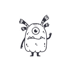 cute monster isolated on white background for coloring pages, magazines. Alien, cartoon character. Sketch, doodle. Vector illustration
