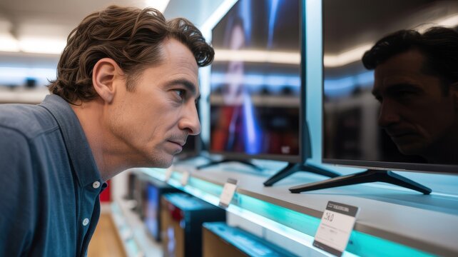 Caucasian male adult examining televisions at electronics store display