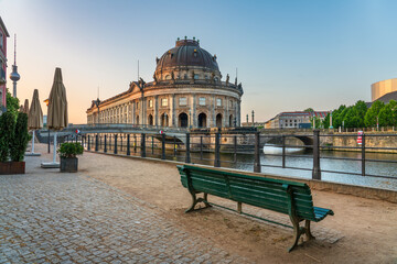 Bode museum at museum island on Spree river at sunset. Berlin, Germany