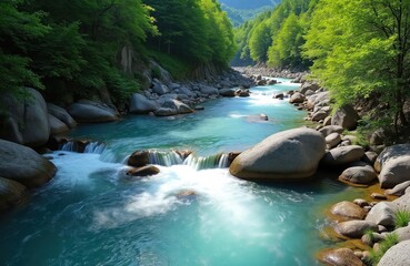 Atera Valley landscape with fresh water river flows through rocks. Green trees, blue sky reflected in clear water. Nagano Prefecture Japan location, natural environment. Beautiful summer day, travel