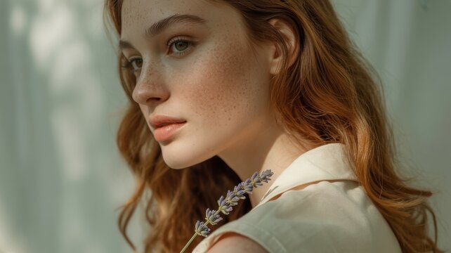 Young caucasian female with red hair holding lavender stem in natural light