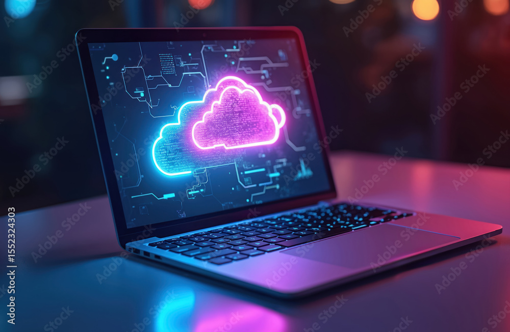 Aufkleber Laptop displays cloud computing concept with neon glow. Digital cloud data storage, backup technology, remote server access. Modern tech innovation, data center security, cyber protection on device.