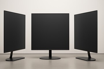 Modern triptych display of three sleek black flat screen televisions in minimalist design with empty screens for digital mockups Tech mockup background