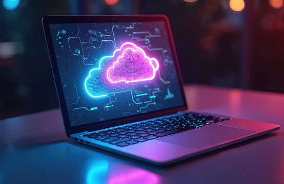 Laptop displays cloud computing concept with neon glow. Digital cloud data storage, backup technology, remote server access. Modern tech innovation, data center security, cyber protection on device.