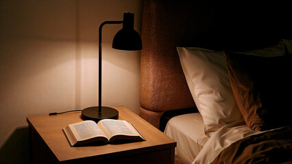 lamp on nightstand, book left open
