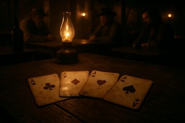 Vintage four Aces of Spades Hearts Clubs and Diamonds displayed on a wooden table with oil lantern light and a rustic atmosphere perfect for Western themed imagery
