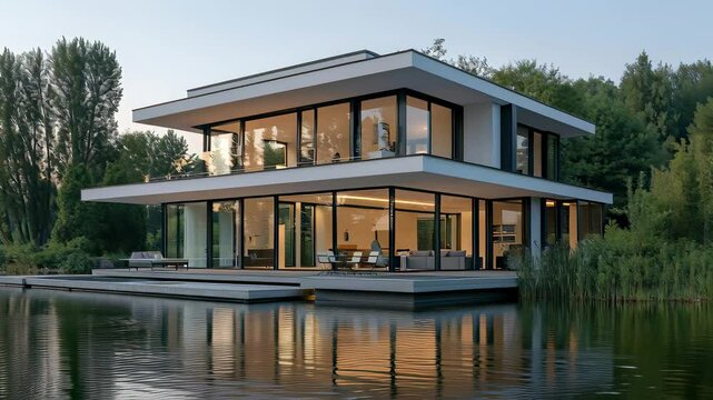 A large white house with a pool and a large glass window. The house is surrounded by trees and has a calm and peaceful atmosphere