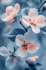 A close-up photo of several peach blossoms blooming on a branch, with delicate pink petals and visible stamens.