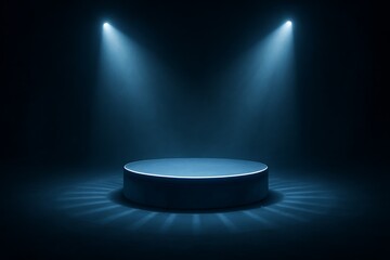 Ethereal blue illuminated platform under dramatic spotlight glowing in mist with foggy ambiance for stage or product display Podium mockup background