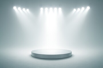 Ethereal spotlighted stage with bright white lighting on a circular podium glowing in a clean minimalist setting ideal for presentations Podium mockup background