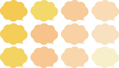 All the bubbles have a distinctive, rounded, cloud-like, or scalloped edge design. This vector image features twelve speech bubbles.　Yellow and orange color.