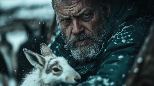 A rugged man with a serious expression holds a white goat in a snow-covered environment, illustrating themes of resilience, survival, and connection to nature. - Powered by Adobe