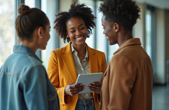 African American businesswoman with tablet discusses project with colleagues. Diverse business team brainstorms, plans startup in modern office. Teamwork concept, collaboration, partnership, creative