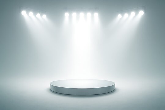 Ethereal spotlighted stage with bright white lighting on a circular podium glowing in a clean minimalist setting ideal for presentations Podium mockup background