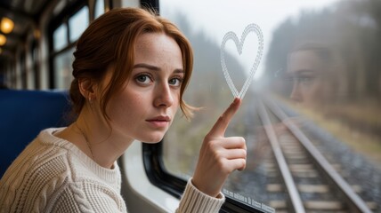 Young caucasian female drawing heart on foggy train window