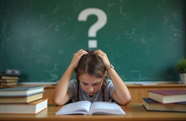 Stressed student girl with open book, question mark behind, hands on head. Schoolgirl is in difficult situation, trying to solve test, exam. Education, learning concept.