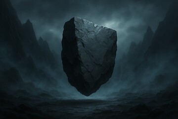 Mysterious floating rock suspended above a foggy primordial landscape with jagged mountains and a dark atmospheric sky surreal and dramatic podium mockup background