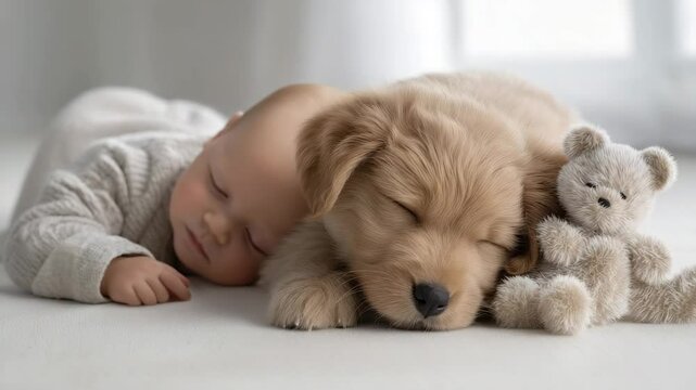 Baby schl&auml;ft mit flauschigem Hundewelpen &ndash; emotionale Studioaufnahme. K&uuml;nstliche Intelligenz KI