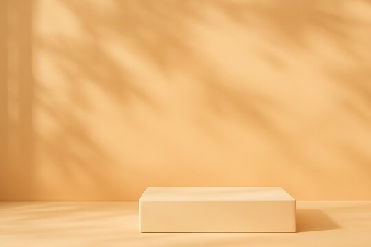 Bright serene studio setting with a rectangular podium and subtle shadows cast on a smooth beige surface perfect for showcasing products podium mockup background