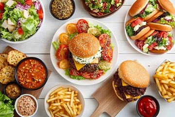 BBQ table scene with hamburgers, classic salads and snacks. Top down view over a white wood background.