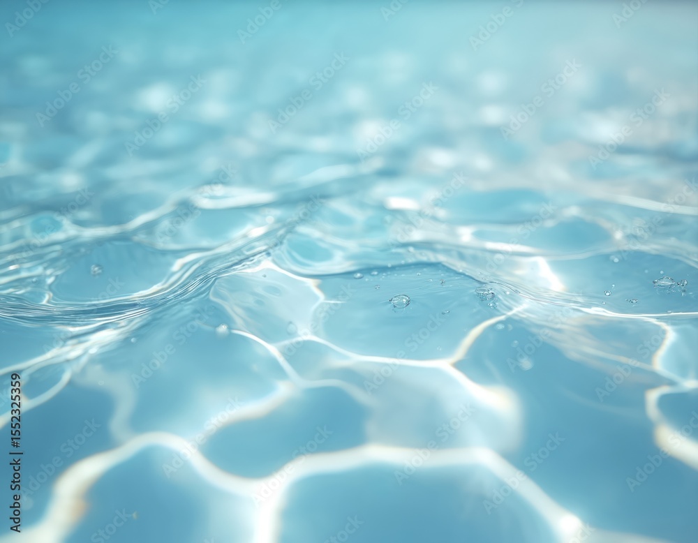 Poster blurred transparent blue clear water surface texture. water waves with shining pattern. calm ocean, 