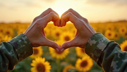 Hands forming heart shape against sunset, sunflower field backdrop. Symbol love, hope, peace. Camouflage sleeve. Conceptual image related to war in Ukraine, support, compassion, patriotism. Ukraine