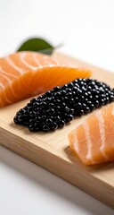 A close-up shot of two wooden boards with one slice each of black caviar and salmon, arranged on the left side of an empty white table surface.