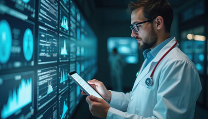 Doctor wearing white coat reviews patient health data displayed on digital tablet. Modern medical facility uses innovative tech, advanced diagnostic equipment, AI. Healthcare professional works with