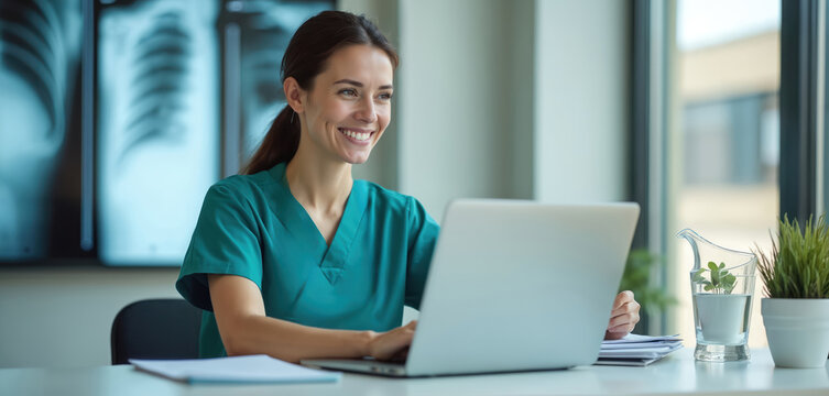 Smiling nurse in green scrubs works on laptop. Medical pro, woman uses computer, researches in hospital. Healthcare worker consults, examines documents online. Remote work, telehealth, modern