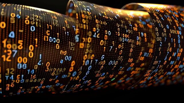 Abstract digital data stream with glowing binary code and vibrant patterns creating mesmerizing technology effect.