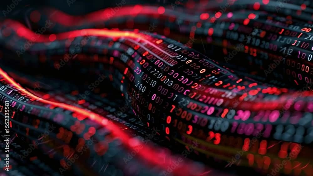 Poster vibrant abstract digital data flow exploring technology through red binary code and information move