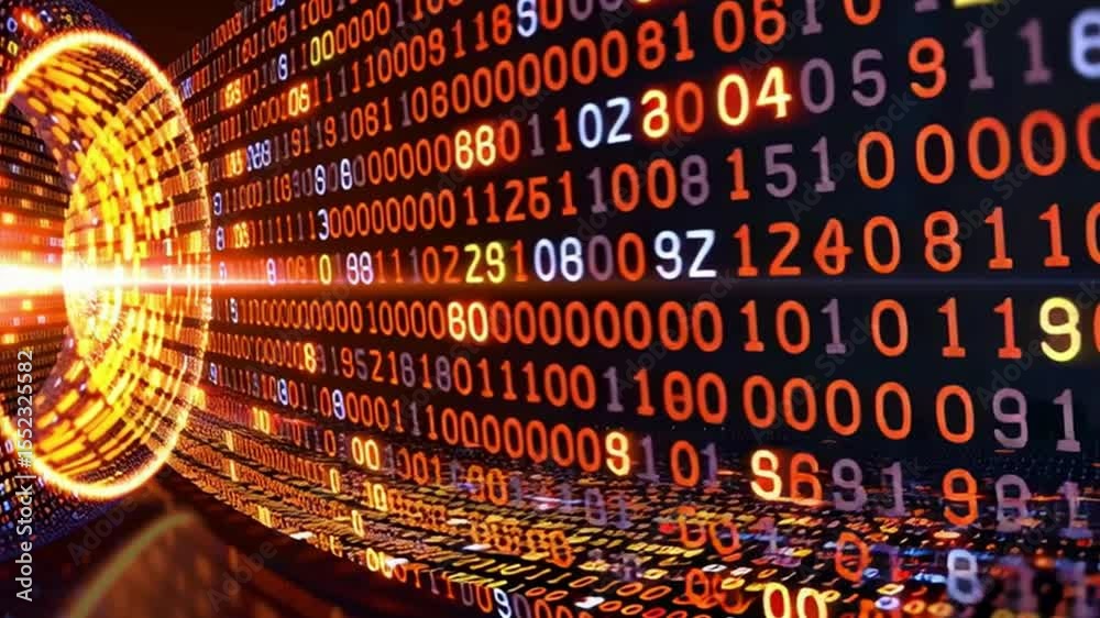 Poster futuristic digital data visualization glowing binary technology and abstract numbers flowing in vibr