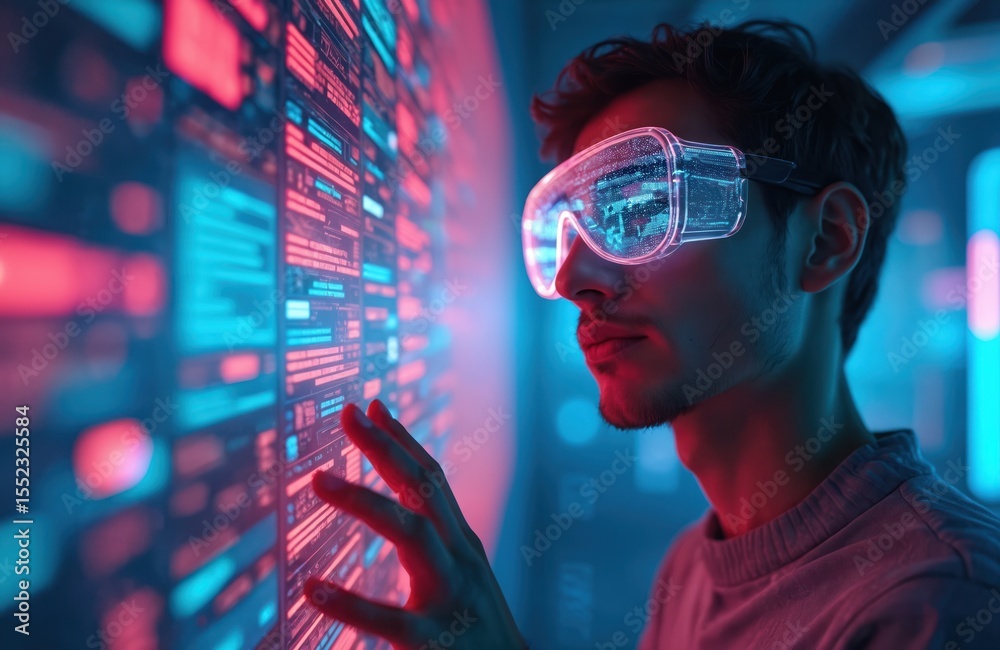 Aufkleber man interacts with holographic interface, wearing futuristic glasses. uses touch screen for deep lea