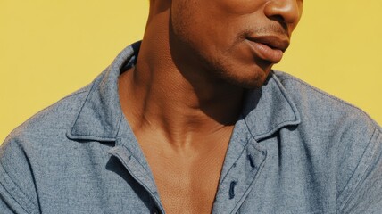 Fototapeta premium Confident young african male in denim shirt on vibrant yellow background