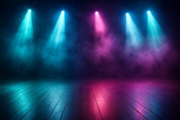 Colorful stage lights with mist and wooden floor creating a dynamic atmosphere for performances or events Perfect for a stage setup Stage lighting background