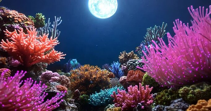 Vibrant video of coral reef with diverse colors featuring pink orange and blue corals illuminated by bright celestial light
