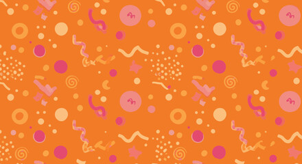 Playful orange background featuring whimsical shapes, circles, swirls and more
