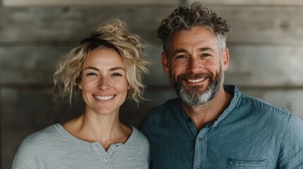 Fototapeta premium A joyful couple stands together smiling at the camera, capturing a moment of love and connection in a beautifully rustic, wooden environment.