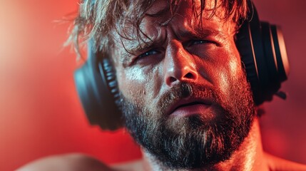 A focused man with headphones embodies dedication and intensity in his workout, capturing the essence of strength and determination against a vibrant, energetic backdrop.