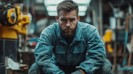 Obraz premium A focused craftsman in a workshop captures the essence of hard work and dedication, showcasing the resilience and skill required for artisan craftsmanship.