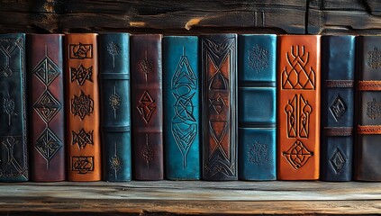 A collection of book covers with embossed designs arranged in rows on wood.