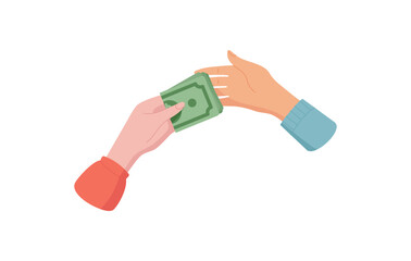 Cash transfer gesture sticker. Money exchange action. Payment in flat style, graphic element, ideal for business and finance themes. Visual representation of wallet and cash transactions.