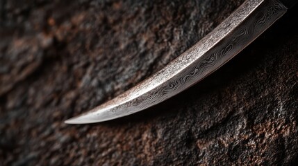 Obraz premium An intricate close-up shot of a beautifully crafted curved blade with a textured surface, resting against a rough rock, showcasing craftsmanship and artful design.