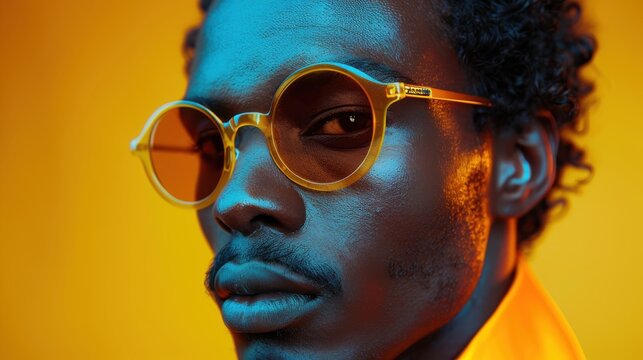 A portrait of a confident individual in round yellow sunglasses, bathed in vibrant colors, reflecting modern fashion and personal style in contemporary photography.